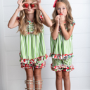  Girls Lime Strawberry Stripe Ruffle Button Summer Short Set