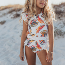  Girls Tropical Leaf Open Back One Piece Ruffle Swimsuit
