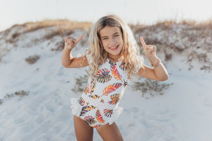 Girls Tropical Leaf Open Back One Piece Ruffle Swimsuit