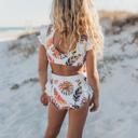  Girls Tropical Leaf Open Back One Piece Ruffle Swimsuit