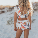  Girls Tropical Leaf Open Back One Piece Ruffle Swimsuit