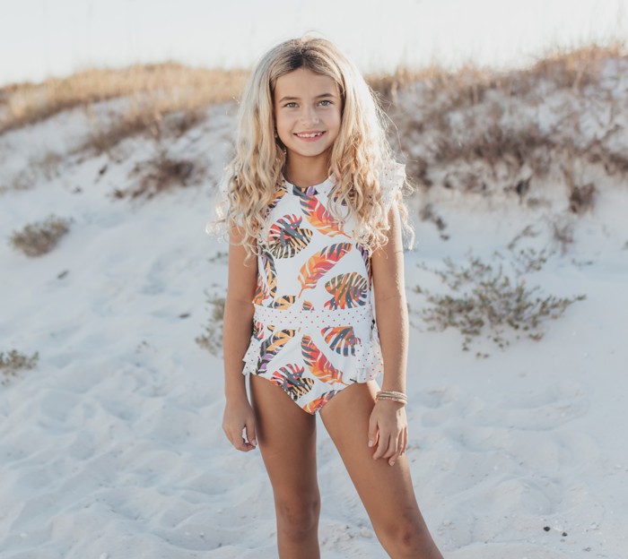 Girls Tropical Leaf Open Back One Piece Ruffle Swimsuit