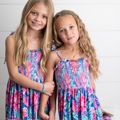 Girls Hot Pink Hawaiian Tropical Tiered Summer Maxi Dress