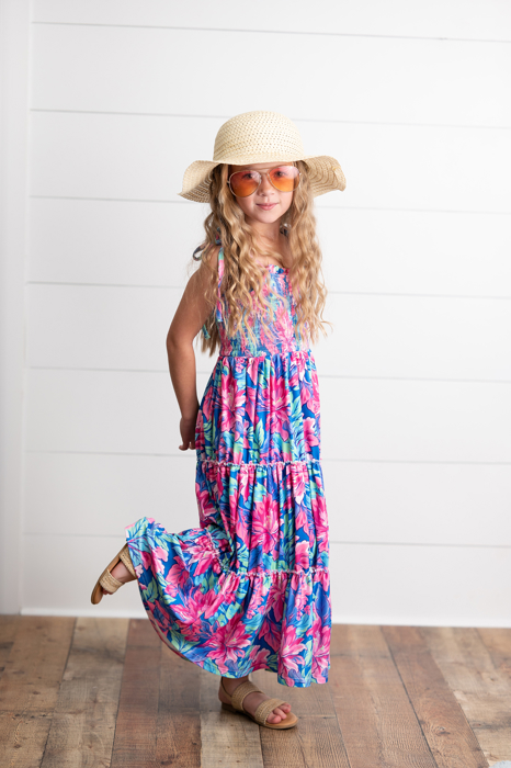 Girls Hot Pink Hawaiian Tropical Tiered Summer Maxi Dress