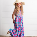  Girls Hot Pink Hawaiian Tropical Tiered Summer Maxi Dress