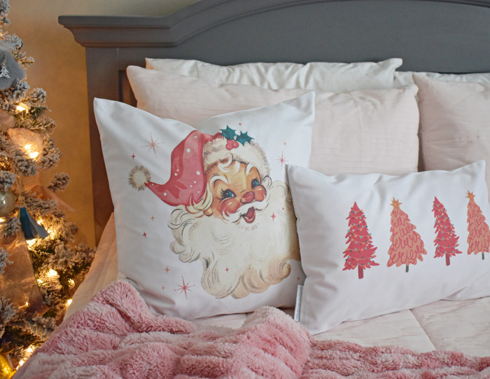Christmas Pillow Cover, Vintage Santa, Pink Santa, Pink Tree Pillow, Christmas Pillows, Pink Christmas