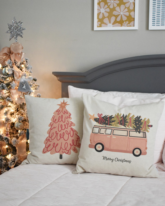Christmas Pillow Cover, Vintage Santa, Pink Santa, Pink Tree Pillow, Christmas Pillows, Pink Christmas