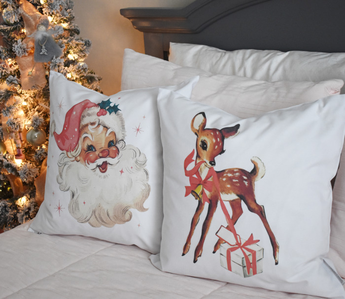 Christmas Pillow Cover, Vintage Santa, Pink Santa, Pink Tree Pillow, Christmas Pillows, Pink Christmas