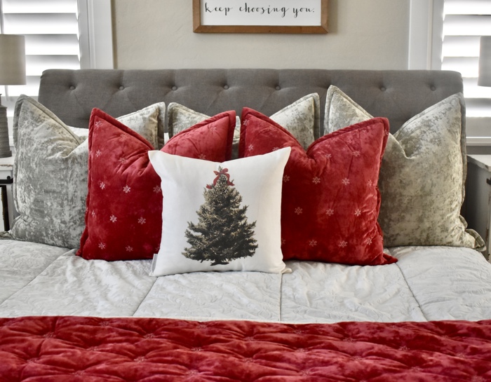 Christmas Tree Pillow Cover with Red Bow – Holiday Farmhouse Cushion, Festive Bedroom or Living Room Decor
