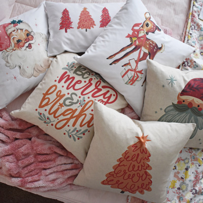 Christmas Pillow Cover, Vintage Santa, Pink Santa, Pink Tree Pillow, Christmas Pillows, Pink Christmas