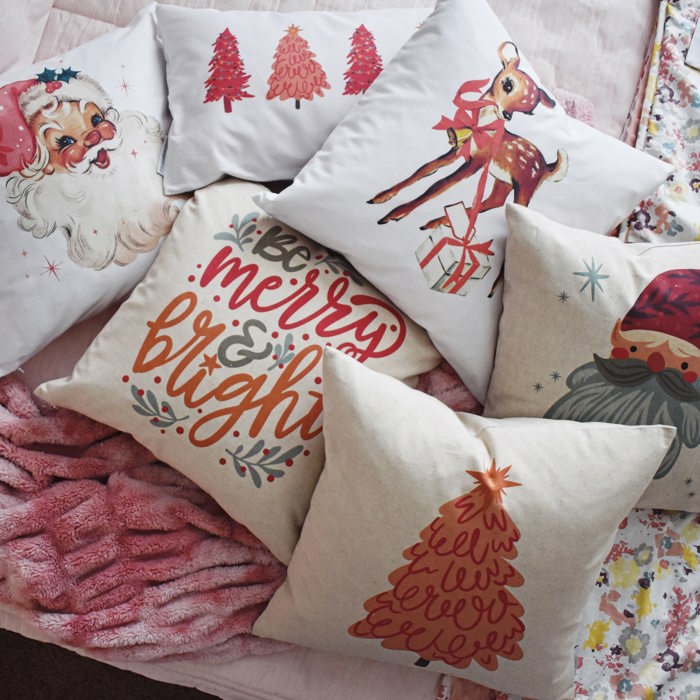 Christmas Pillow Cover, Vintage Santa, Pink Santa, Pink Tree Pillow, Christmas Pillows, Pink Christmas