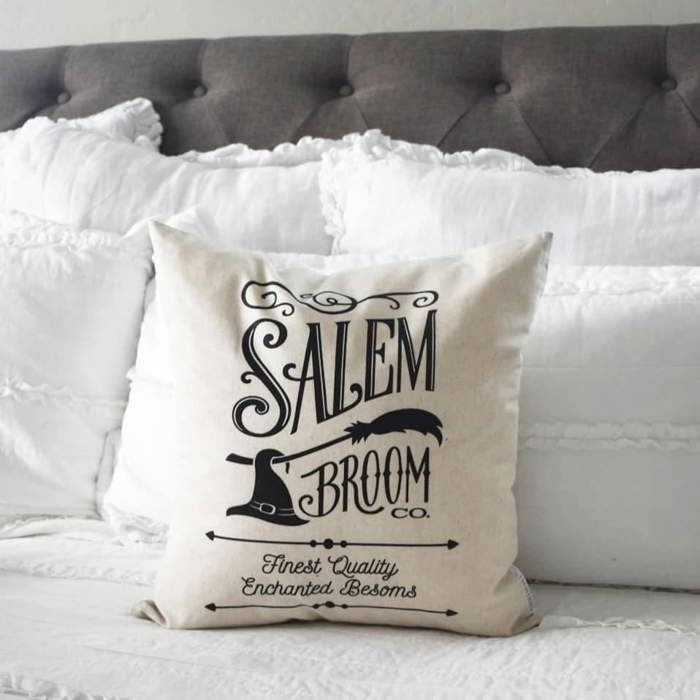 Salem Broom Co Pillow Cover | Vintage Halloween Witch Pillow | Farmhouse Halloween Throw Pillow | Spooky Salem Witch Home Decor
