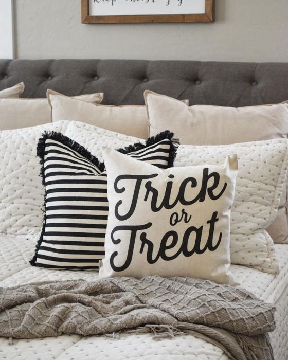 Trick Or Treat Pillow Cover | Halloween Farmhouse Throw Pillow | Rustic Black And White Cushion | Spooky Fall Decorative Pillow