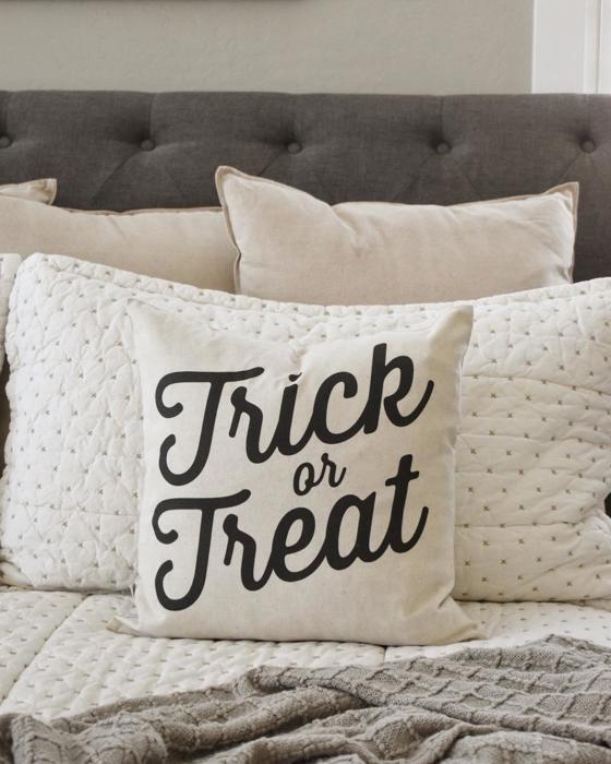 Trick Or Treat Pillow Cover | Halloween Farmhouse Throw Pillow | Rustic Black And White Cushion | Spooky Fall Decorative Pillow