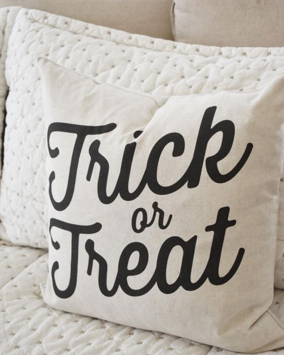 Trick Or Treat Pillow Cover | Halloween Farmhouse Throw Pillow | Rustic Black And White Cushion | Spooky Fall Decorative Pillow