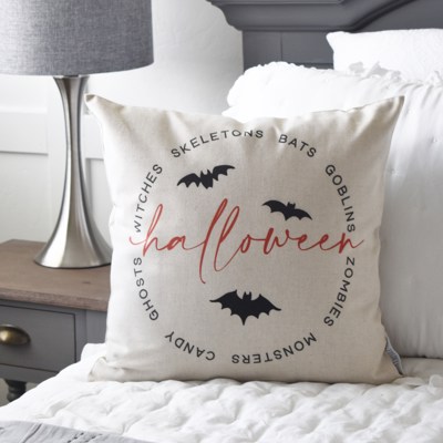Halloween Pillow Cover With Bats | Spooky Farmhouse Throw Pillow | Skeletons Witches Ghosts Cushion | Rustic Halloween Home Decor