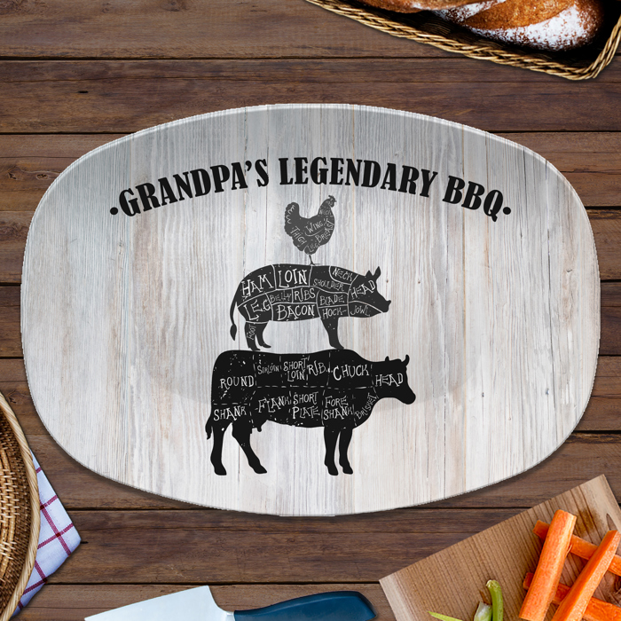 BBQ Grilling Serving Platter | Butcher Cuts - Cow Pig Chicken | Made in the USA