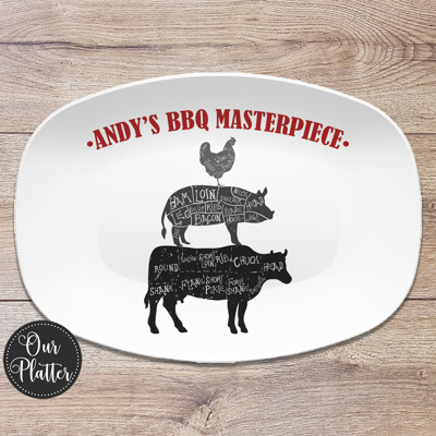 BBQ Grilling Serving Platter | Butcher Cuts - Cow Pig Chicken | Made in the USA