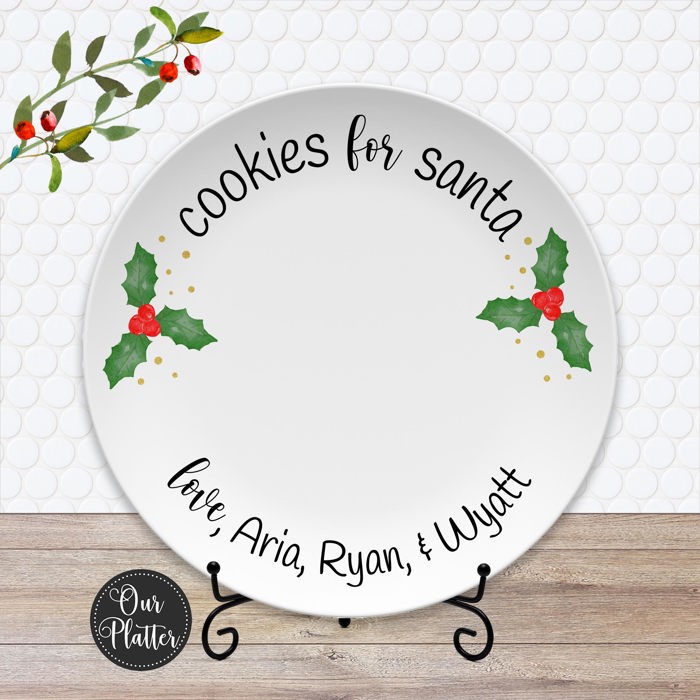 Personalized Cookies for Santa Plate | Holly Berry Design | Keepsake Christmas Eve Tradition