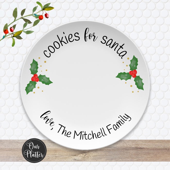 Personalized Cookies for Santa Plate | Holly Berry Design | Keepsake Christmas Eve Tradition