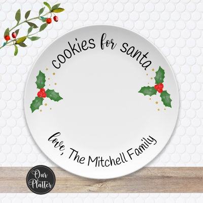 Personalized Cookies for Santa Plate | Holly Berry Design | Keepsake Christmas Eve Tradition