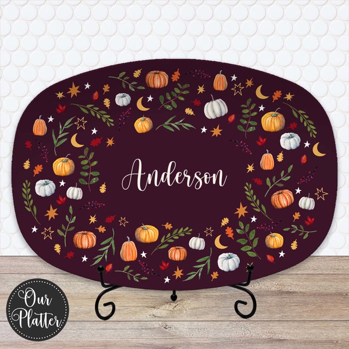 Personalized Fall Platter | Thanksgiving Serving Tray with Custom Family Name | Hostess Gift, Autumn Pumpkin Table Decor