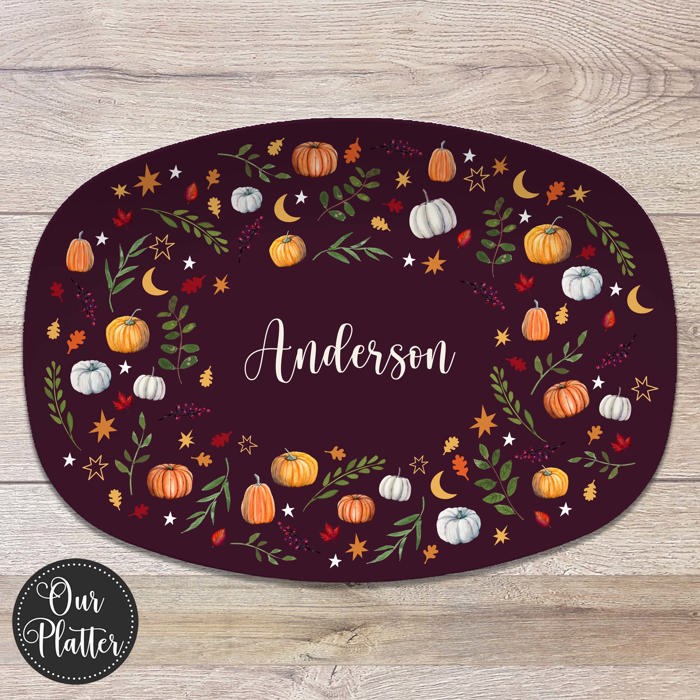Personalized Fall Platter | Thanksgiving Serving Tray with Custom Family Name | Hostess Gift, Autumn Pumpkin Table Decor