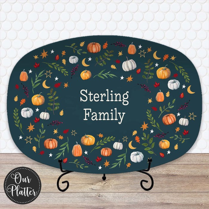 Personalized Fall Platter | Thanksgiving Serving Tray with Custom Family Name | Hostess Gift, Autumn Pumpkin Table Decor