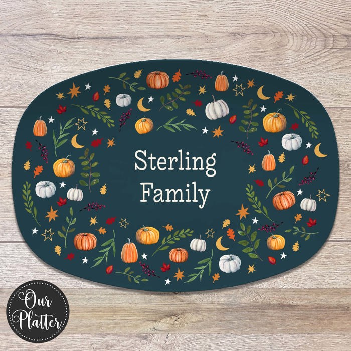Personalized Fall Platter | Thanksgiving Serving Tray with Custom Family Name | Hostess Gift, Autumn Pumpkin Table Decor