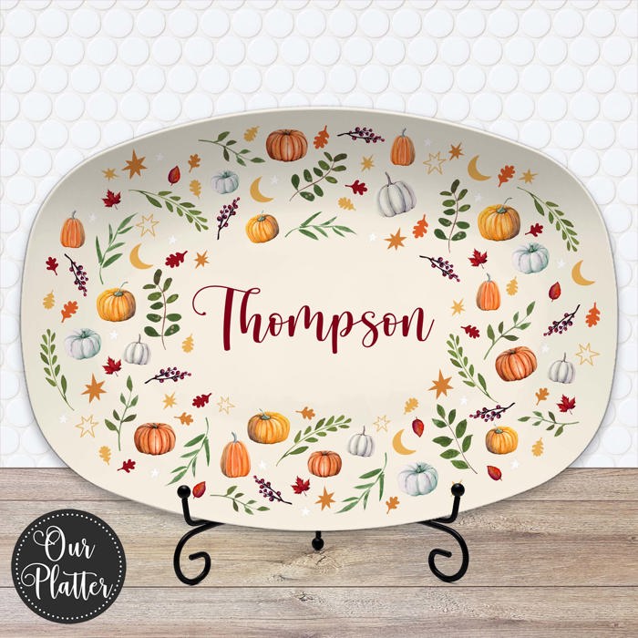 Personalized Fall Platter | Thanksgiving Serving Tray with Custom Family Name | Hostess Gift, Autumn Pumpkin Table Decor