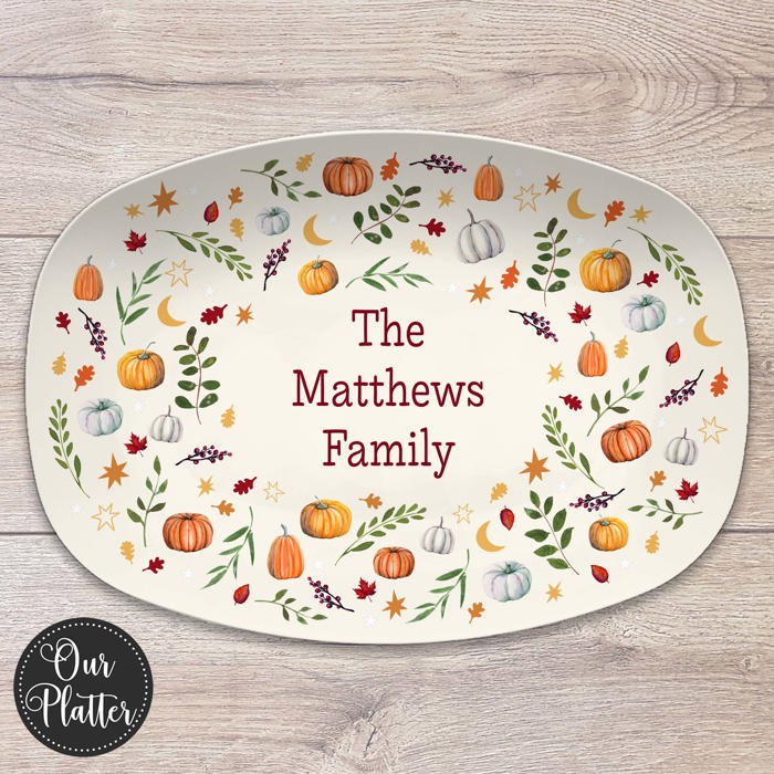 Personalized Fall Platter | Thanksgiving Serving Tray with Custom Family Name | Hostess Gift, Autumn Pumpkin Table Decor