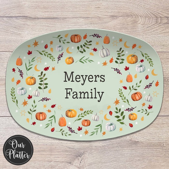Personalized Fall Platter | Thanksgiving Serving Tray with Custom Family Name | Hostess Gift, Autumn Pumpkin Table Decor
