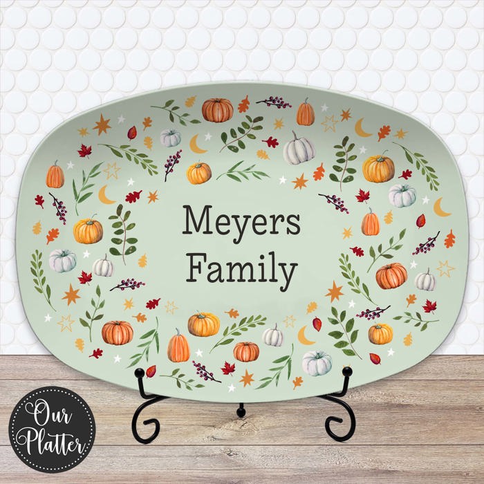 Personalized Fall Platter | Thanksgiving Serving Tray with Custom Family Name | Hostess Gift, Autumn Pumpkin Table Decor