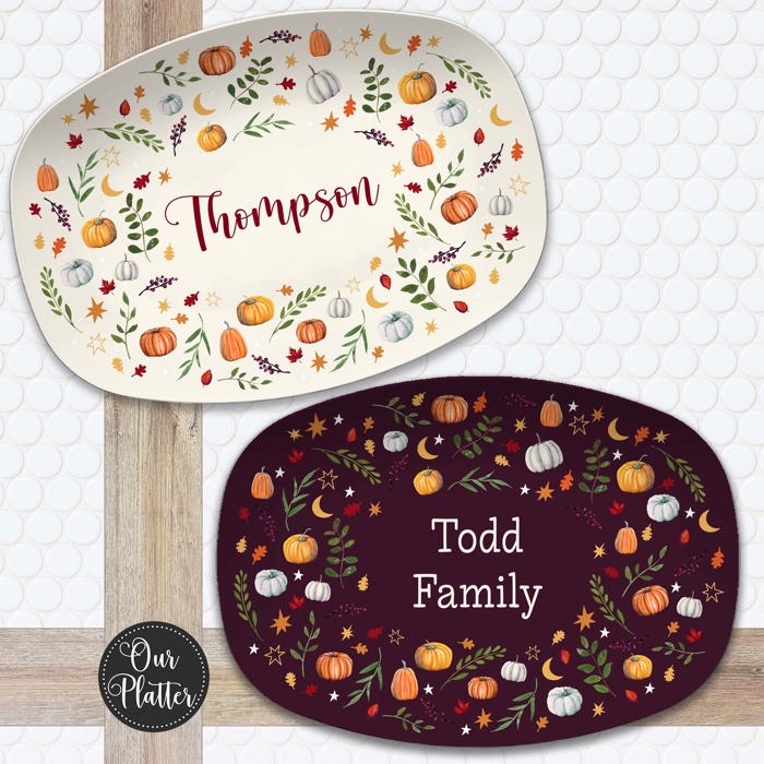Personalized Fall Platter | Thanksgiving Serving Tray with Custom Family Name | Hostess Gift, Autumn Pumpkin Table Decor