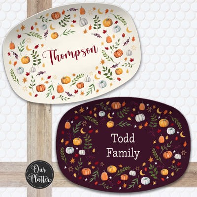 Personalized Fall Platter | Thanksgiving Serving Tray with Custom Family Name | Hostess Gift, Autumn Pumpkin Table Decor