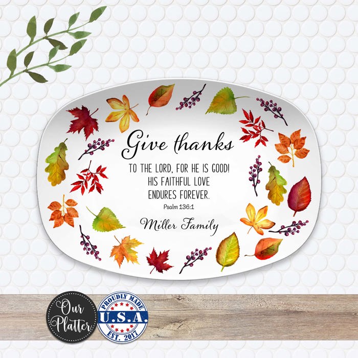 Personalized Give Thanks Platter | Custom Scripture Serving Tray |  Family Dinner Prayer | Faith Gift for Any Season