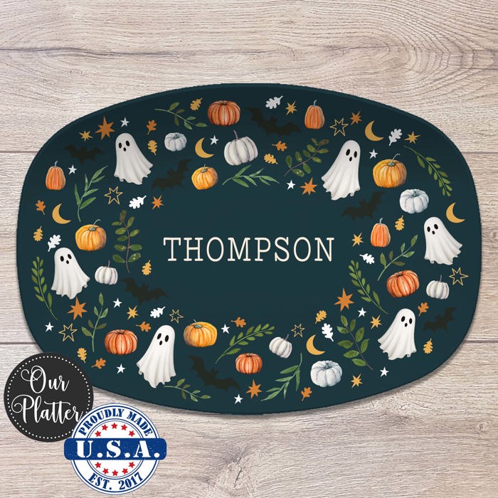 Personalized Halloween Platter | Moody Cottagecore Ghost & Pumpkin Design | Fall Serving Tray | Custom Autumn Hostess Gift