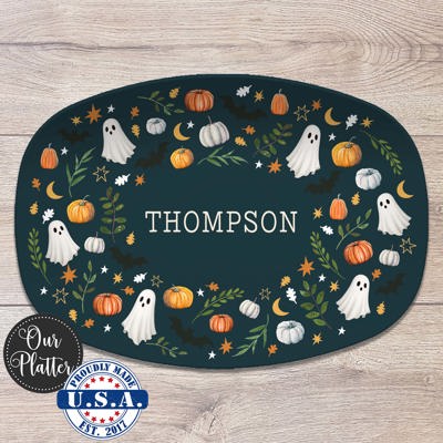 Personalized Halloween Platter | Moody Cottagecore Ghost & Pumpkin Design | Fall Serving Tray | Custom Autumn Hostess Gift