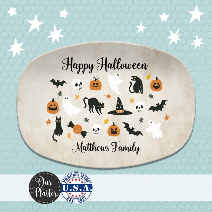 Halloween Personalized Serving Platter | Custom Fall Hosting Decor | Bats, Ghosts, Jack-O-Lantern, Black Cat & Skulls
