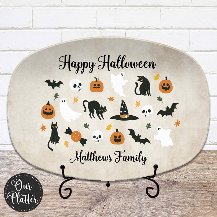 Halloween Personalized Serving Platter | Custom Fall Hosting Decor | Bats, Ghosts, Jack-O-Lantern, Black Cat & Skulls