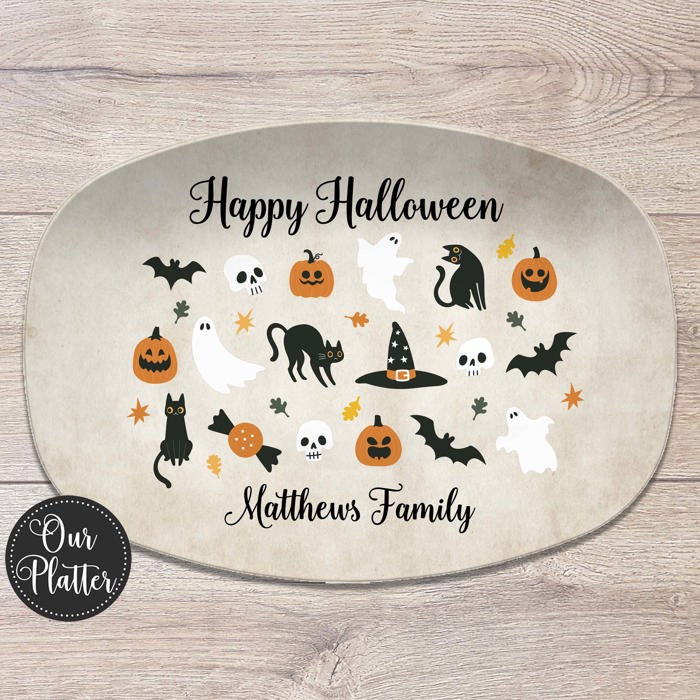 Halloween Personalized Serving Platter | Custom Fall Hosting Decor | Bats, Ghosts, Jack-O-Lantern, Black Cat & Skulls