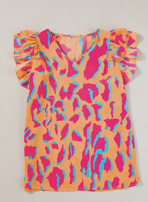 Orange Dream Abstract Ruffle Sleeve Blouse