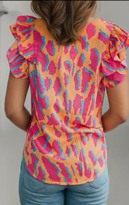 Orange Dream Abstract Ruffle Sleeve Blouse