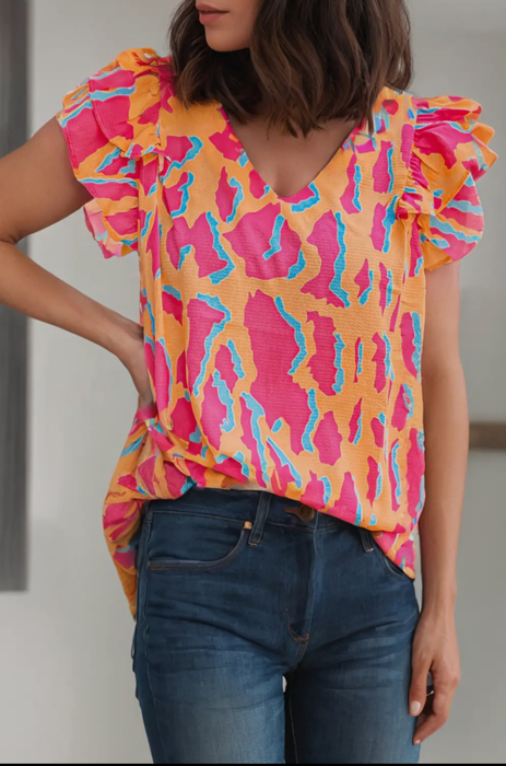 Orange Dream Abstract Ruffle Sleeve Blouse