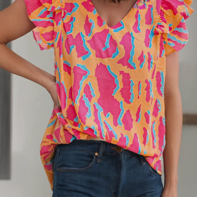 Orange Dream Abstract Ruffle Sleeve Blouse