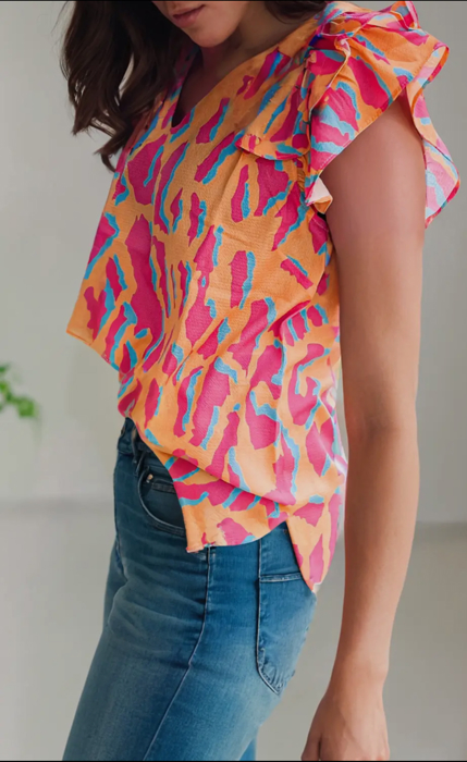Orange Dream Abstract Ruffle Sleeve Blouse