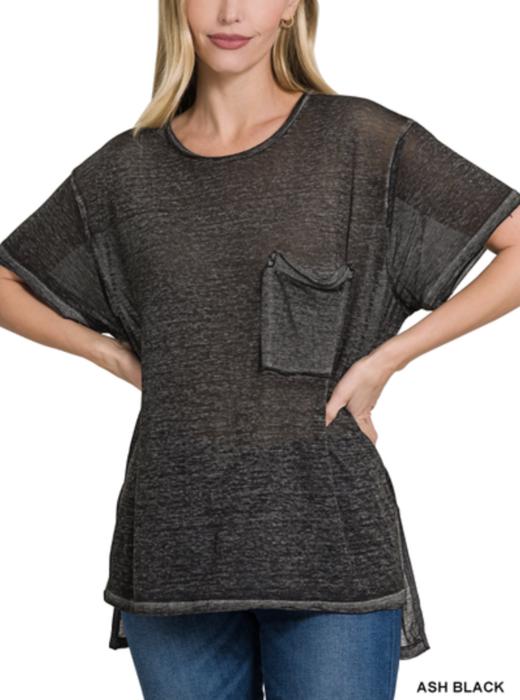 Zenana Short Sleeve Melange Burnout Pocket Tee