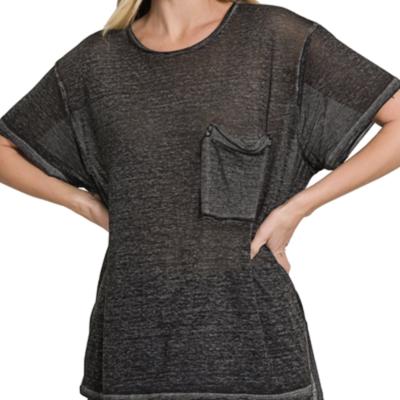 Zenana Short Sleeve Melange Burnout Pocket Tee