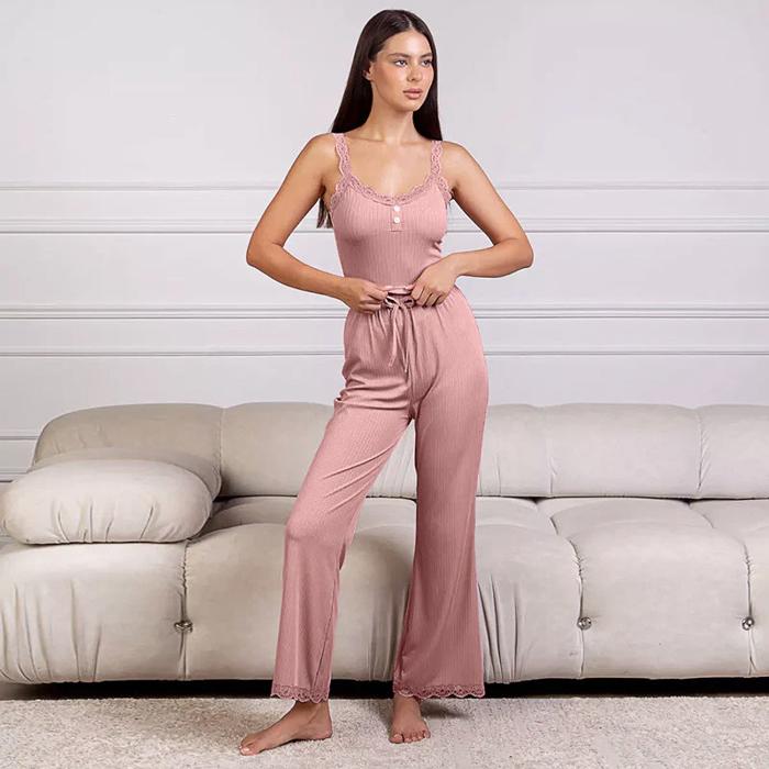 Ribbed Laced Strap Pajamas Set