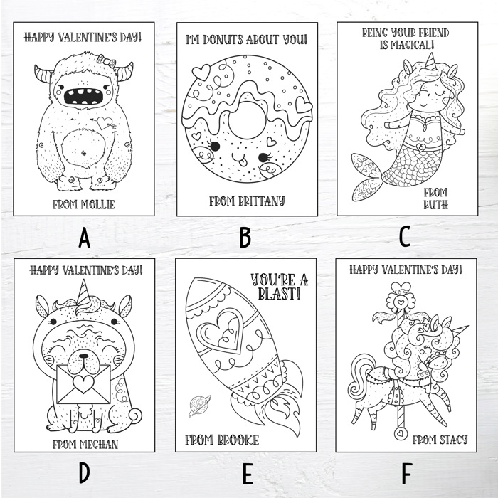 Personalized Valentine's Coloring Cards, Set of 24 Valentine's Cards and Bags